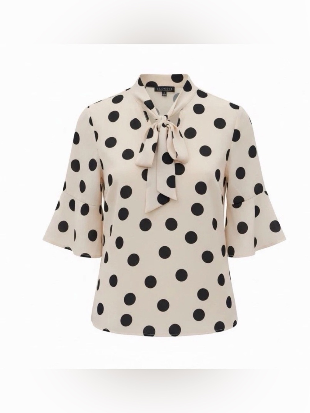 ELOQUII Bow Blouse Flutter Sleeve Polka Dot Bone Cream Black Retro Work 28 NWTs
